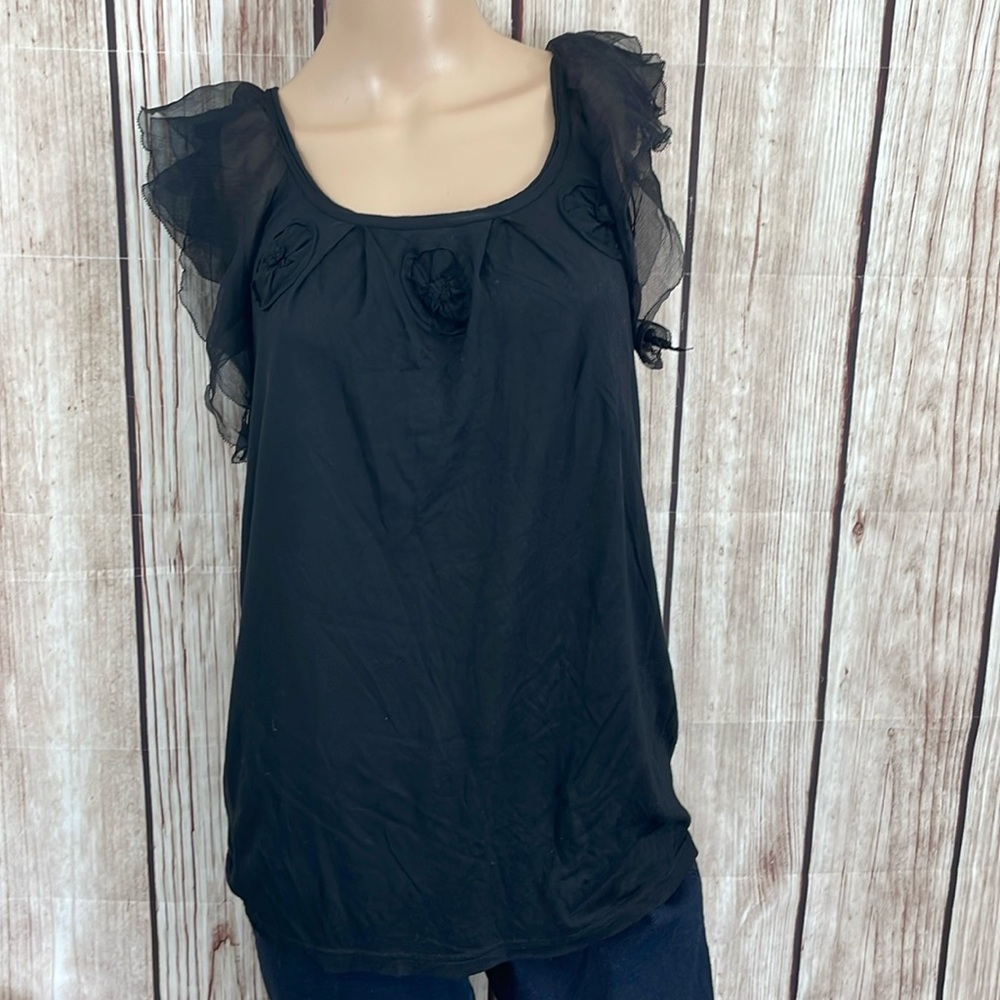 Mystrees Black Blouse w/Ruffle Sheer Sleeves & Embellished Neckline Size Small